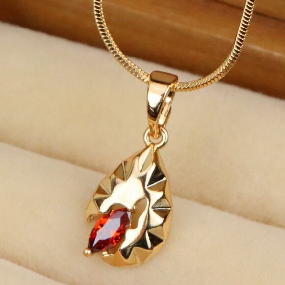 "Gold Teardrop Pendant with Marquise Red Stone and Textured Design, XPPT1722 - Picture 1 of 13